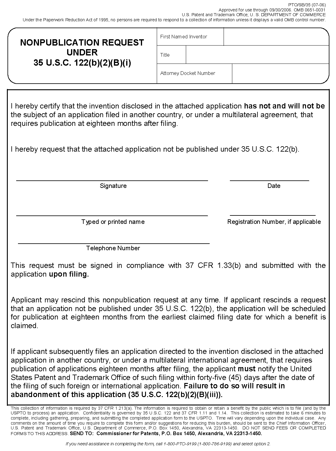 form pto/sb/36 rescission of previous nopublication request (35 u.s.c. 122(b)(2)(b)(iii)) and, if applicable, notice of foreign filing (35 u.s.c. 122(b)(2)(d)(iii))