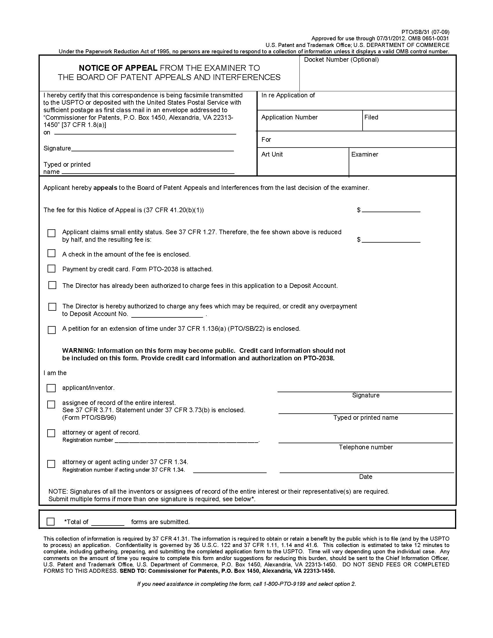 form pto/sb/31. notice of appeal from the examiner to the board of patent appeals and interferences