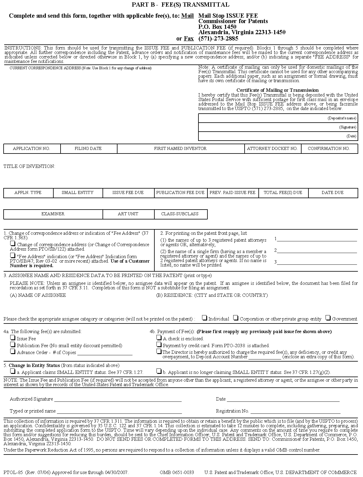 part b - fee(s) transmittal