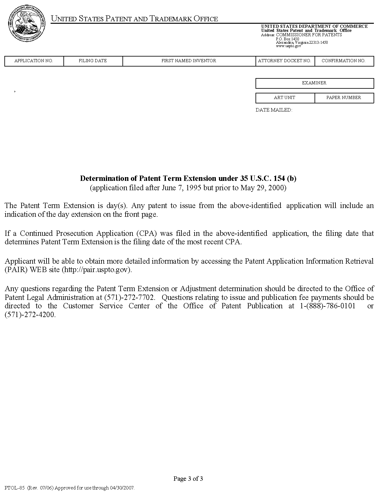 determination of patent term extension under 35 u.s.c. 154 (b)  (application filed after june 7, 1995 but prior to may 29, 2000)