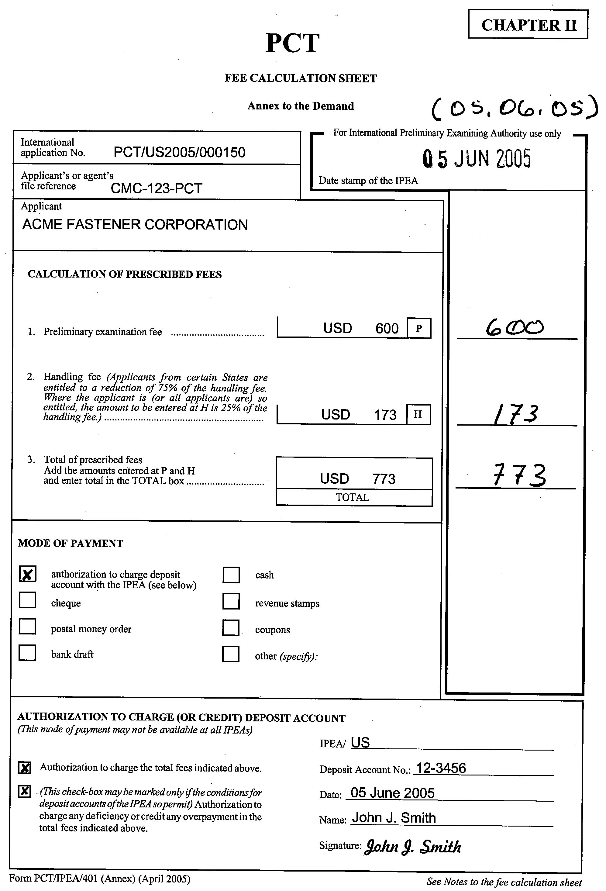 form pct/ipea/401 fee calculation sheet