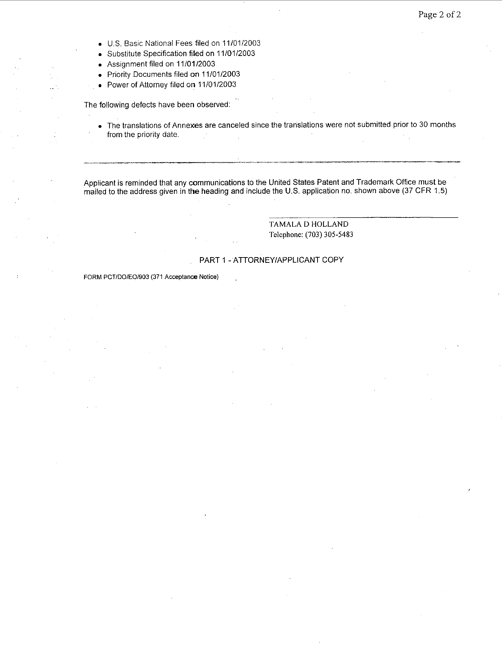 <b>Form PCT/DO/DO/903. </b>Notification Of Acceptance Of Application Under 35 U.s.c. 371 And 37 Cfr 1.494 Or 1.495