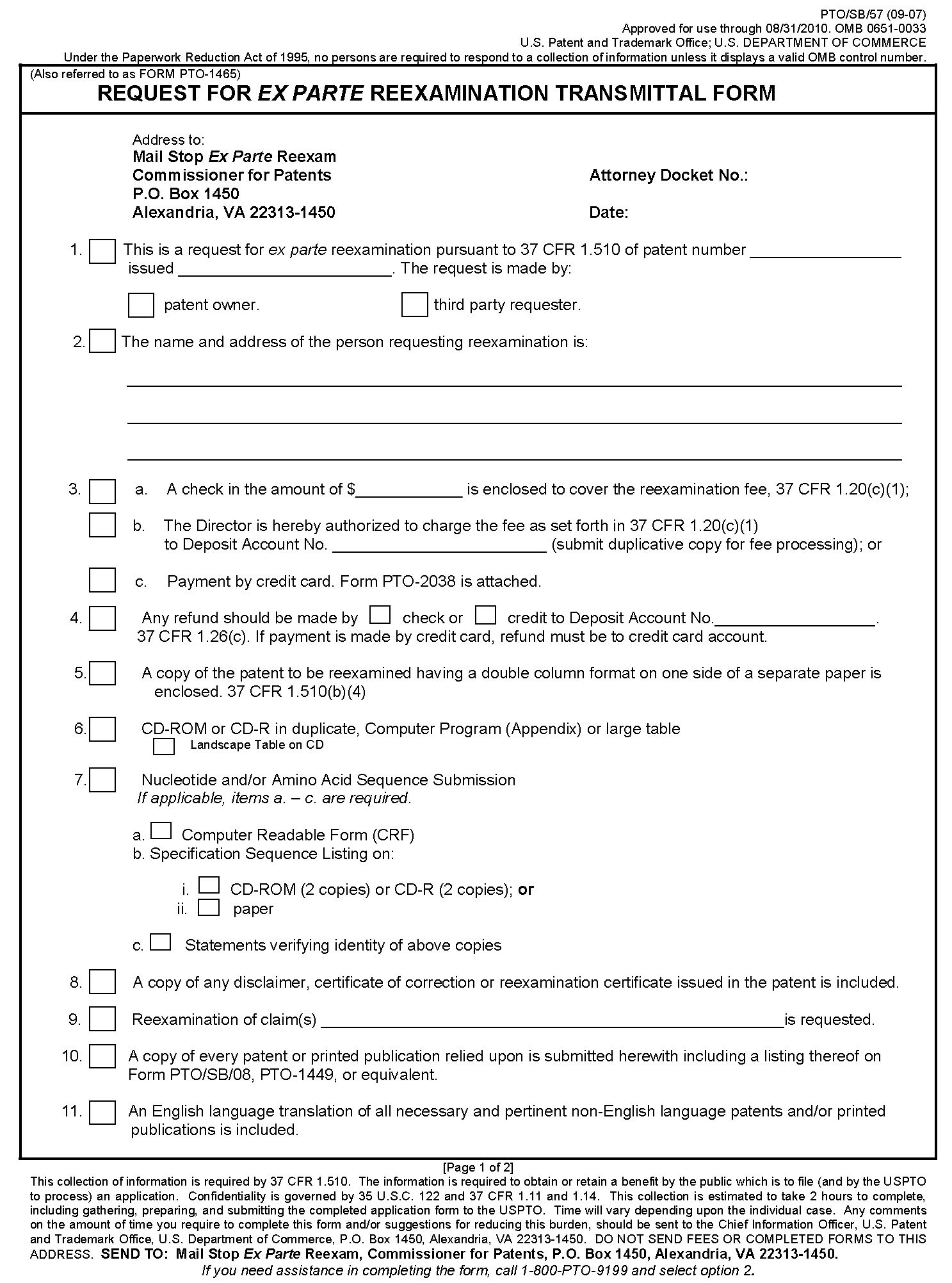 <b>Form PTO/SB/57. Request for Reexamination Transmittal Form</b>