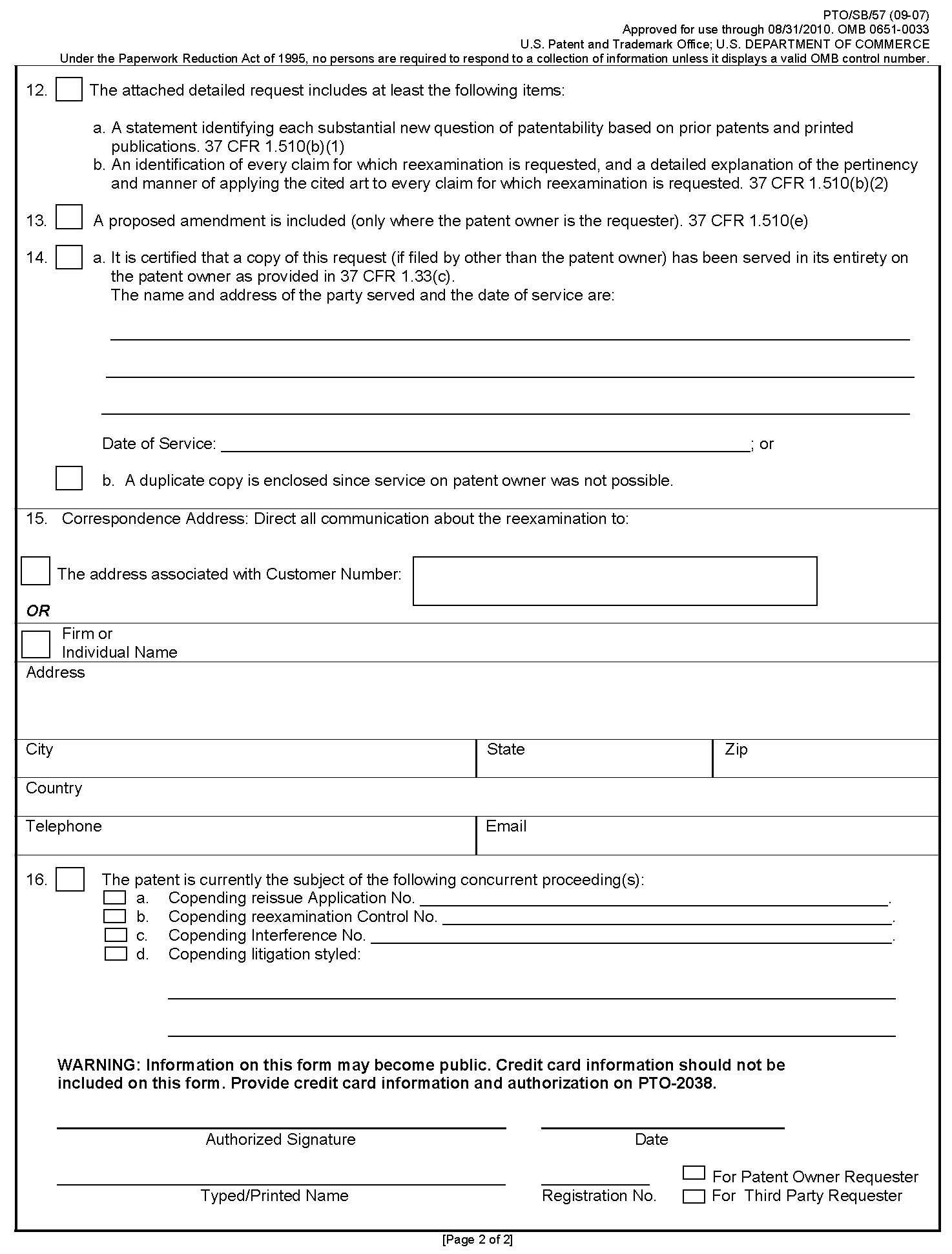 <b>Form PTO/SB/57.  Request for Ex Parte Reexamination Transmittal Form [Page 2 of 2]</b>