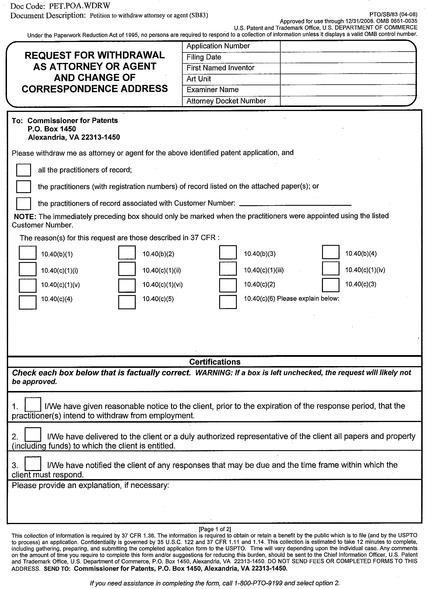 form pto/sb/83 request for withdrawal as attorney or agent and change of correspondence addressform