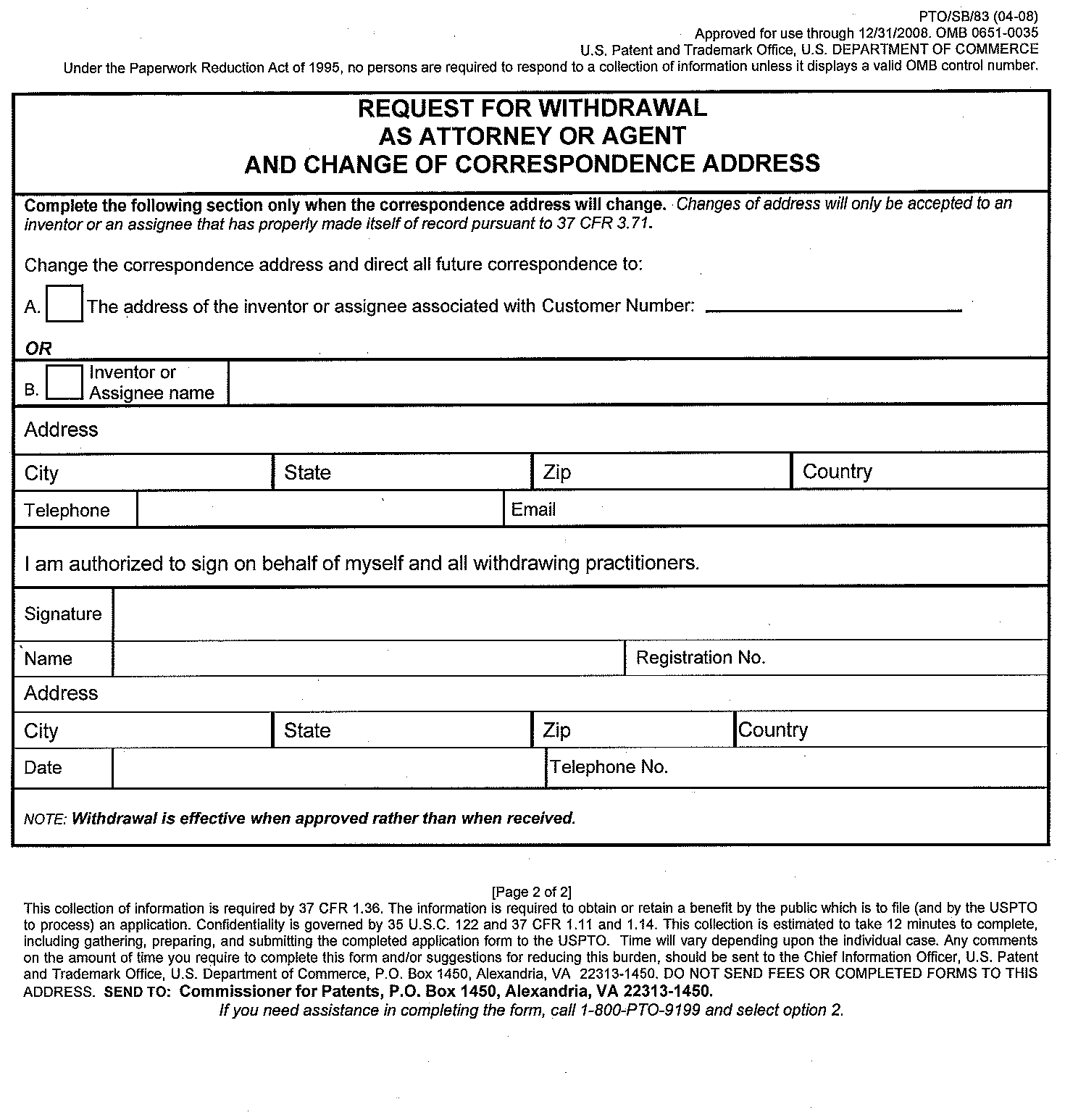 form pto/sb/83 request for withdrawal as attorney or agent and change of correspondence address