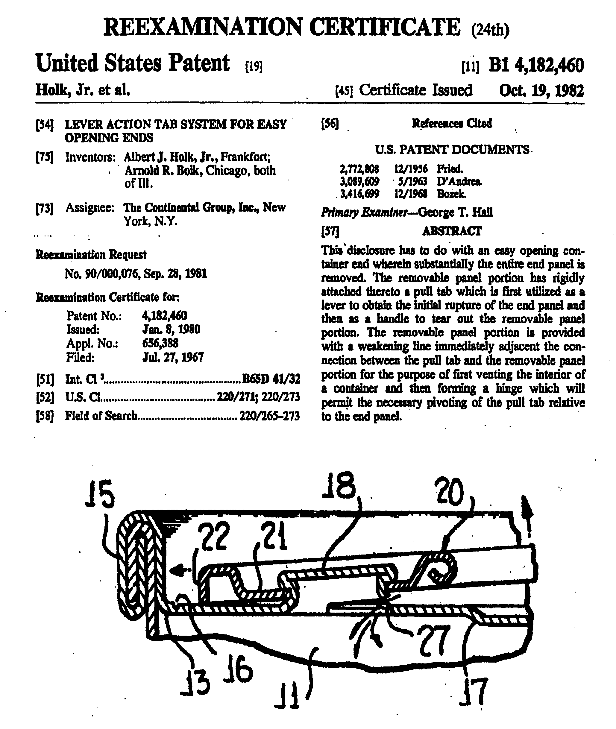 <b>Reexamination Certificate B1 4,182,460 [Page 1 of 2]</b>