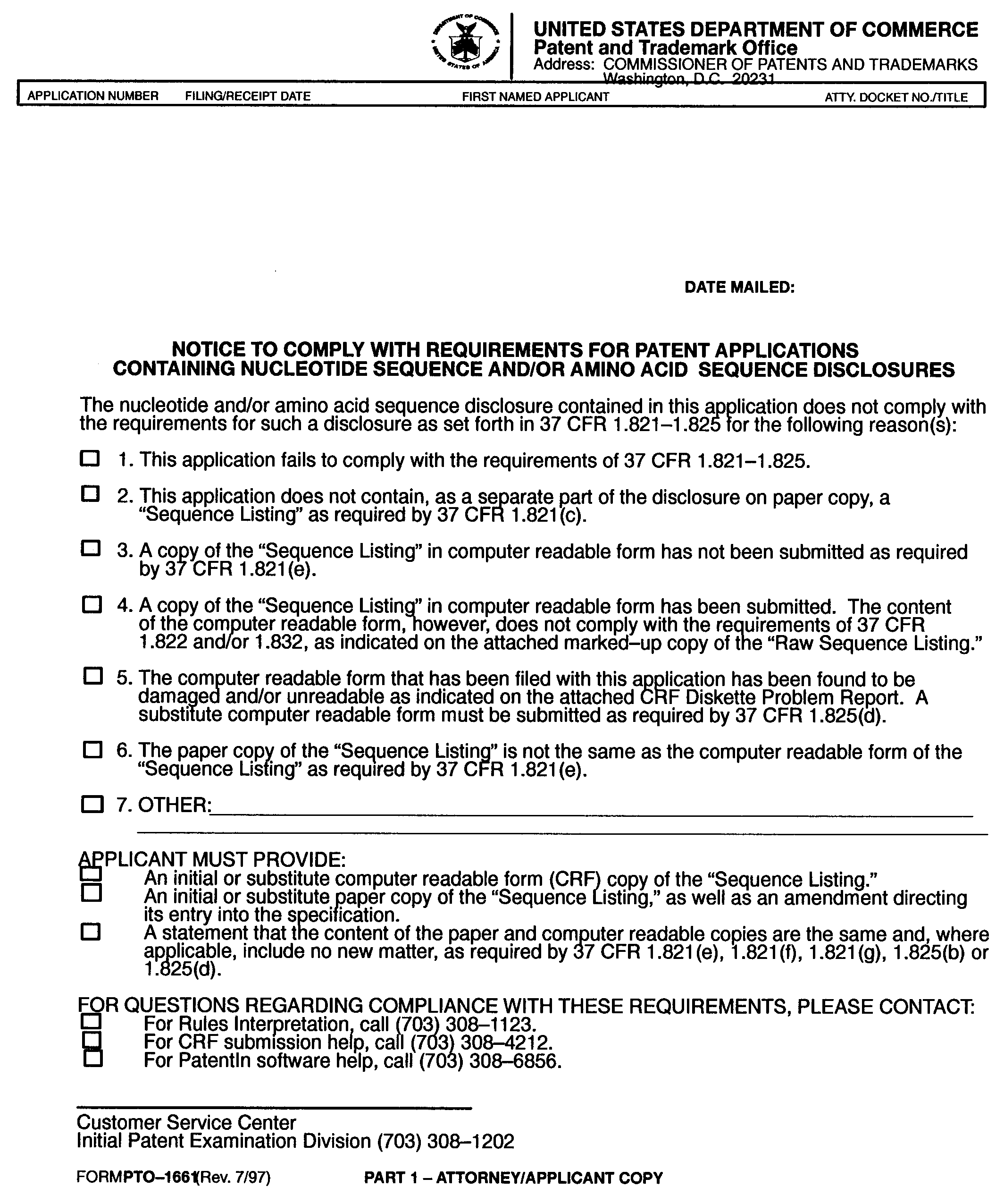 form pto-1661. notice to comply with requirements for patent applications containing nucleotide sequence and/or amino acid sequence disclosures