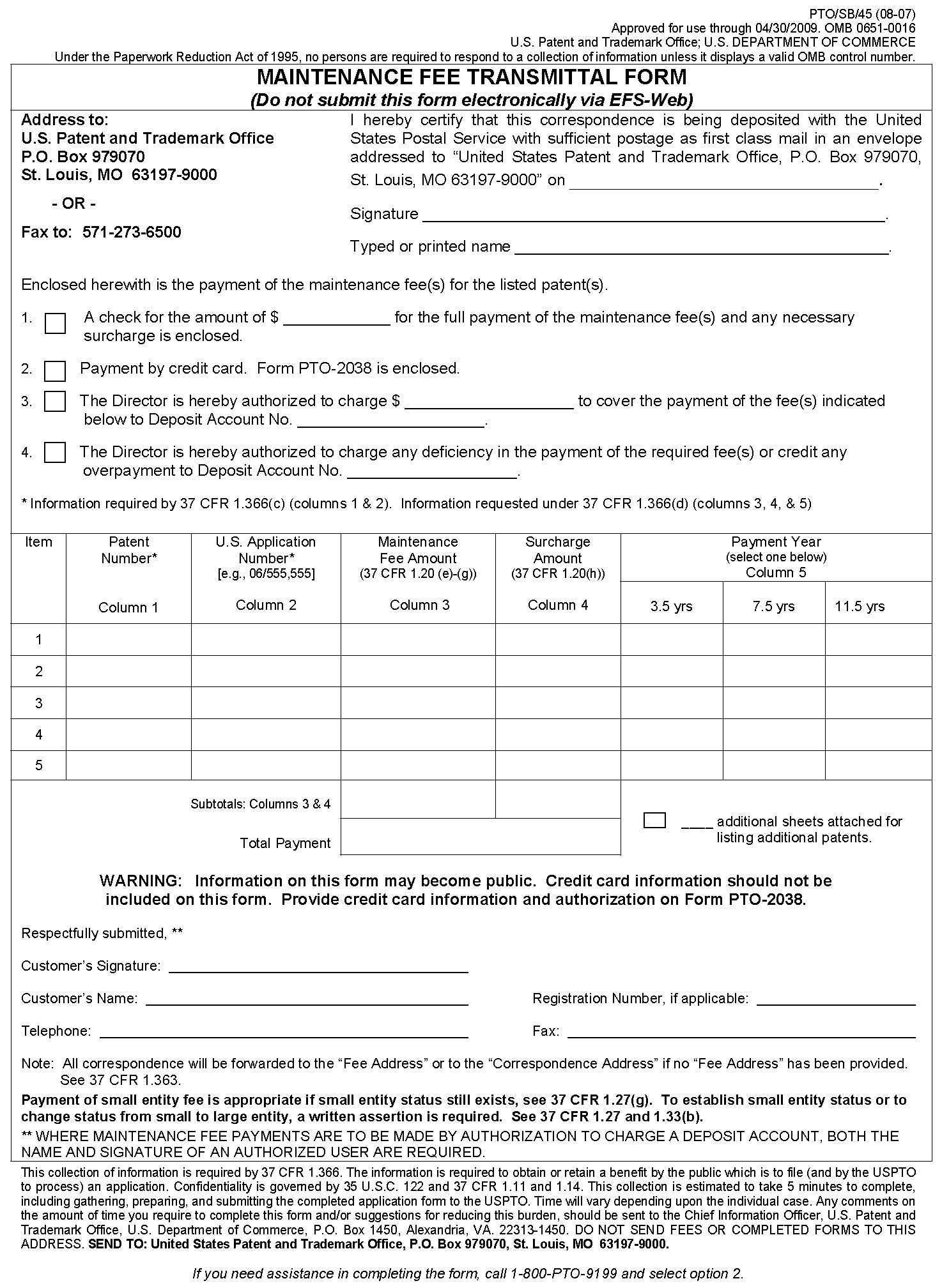 pto/sb/45 maintenance fee transmittal form