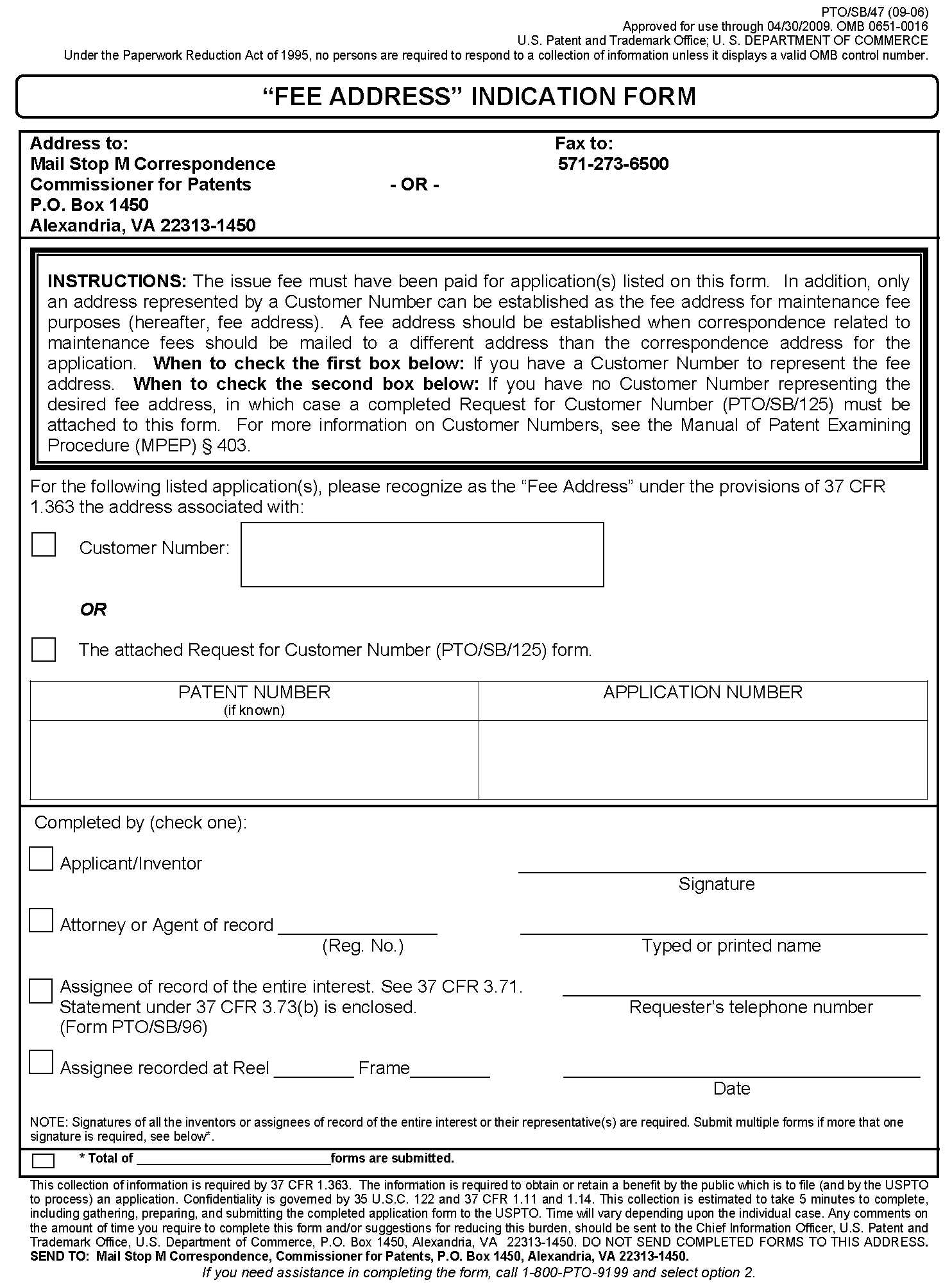 pto/sb/47 fee address indication form