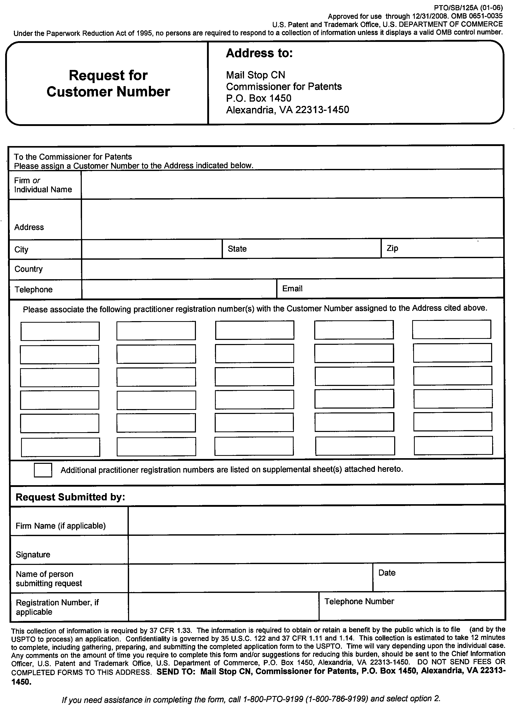 pto/sb/125a request for customer number