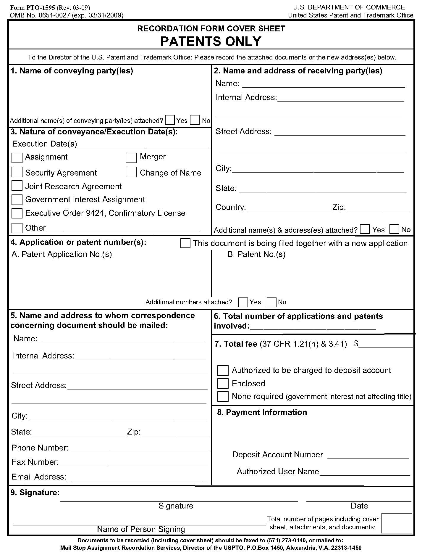 form pto-1595. recordation form cover sheet for patents