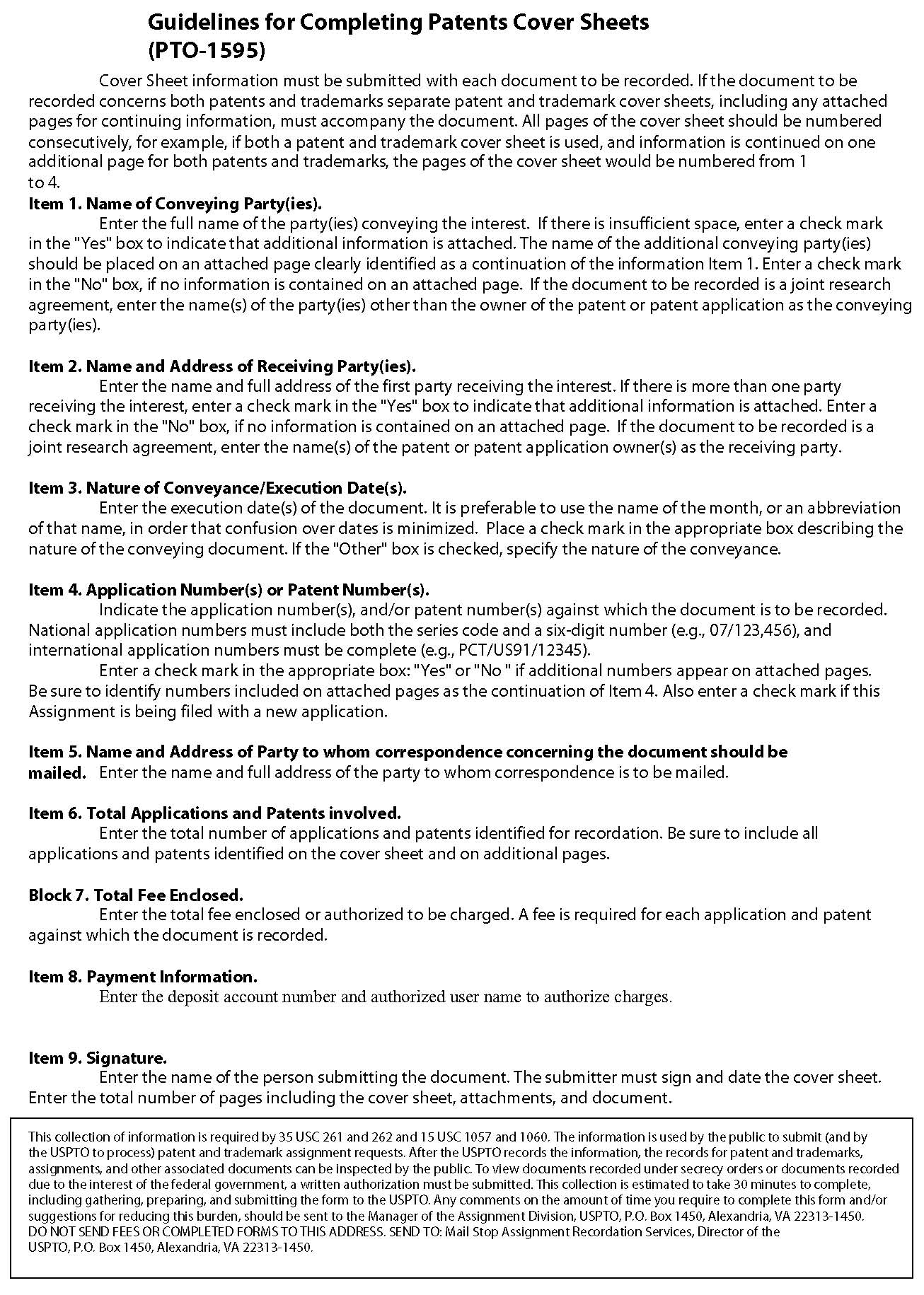 form pto-1595. recordation form cover sheet for patents (guidelines for completing)