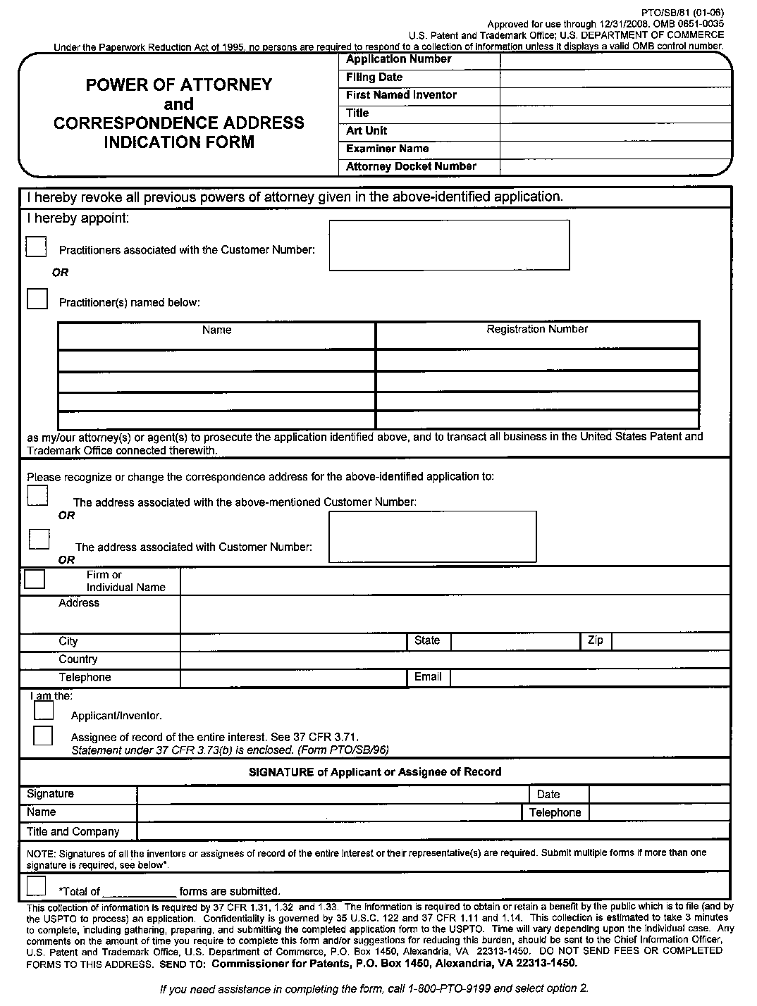 form pto/sb/81 power of attorney and correspondence address indication form