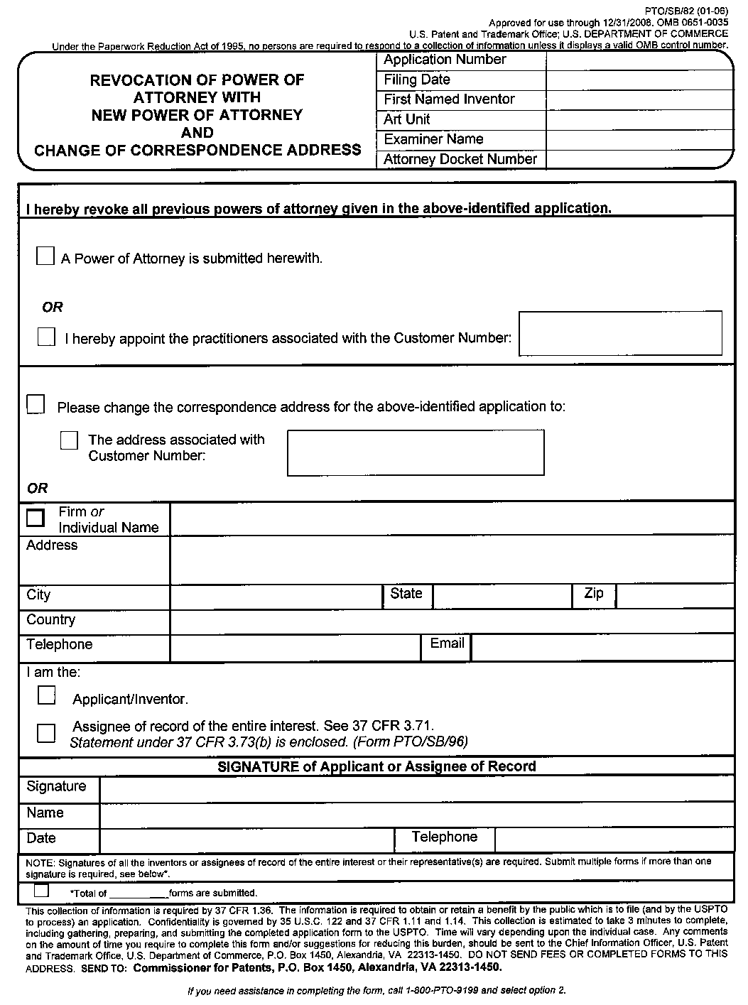 form pto/sb/82 revocation of power of attorney with new power of attorney and change of correspondence address