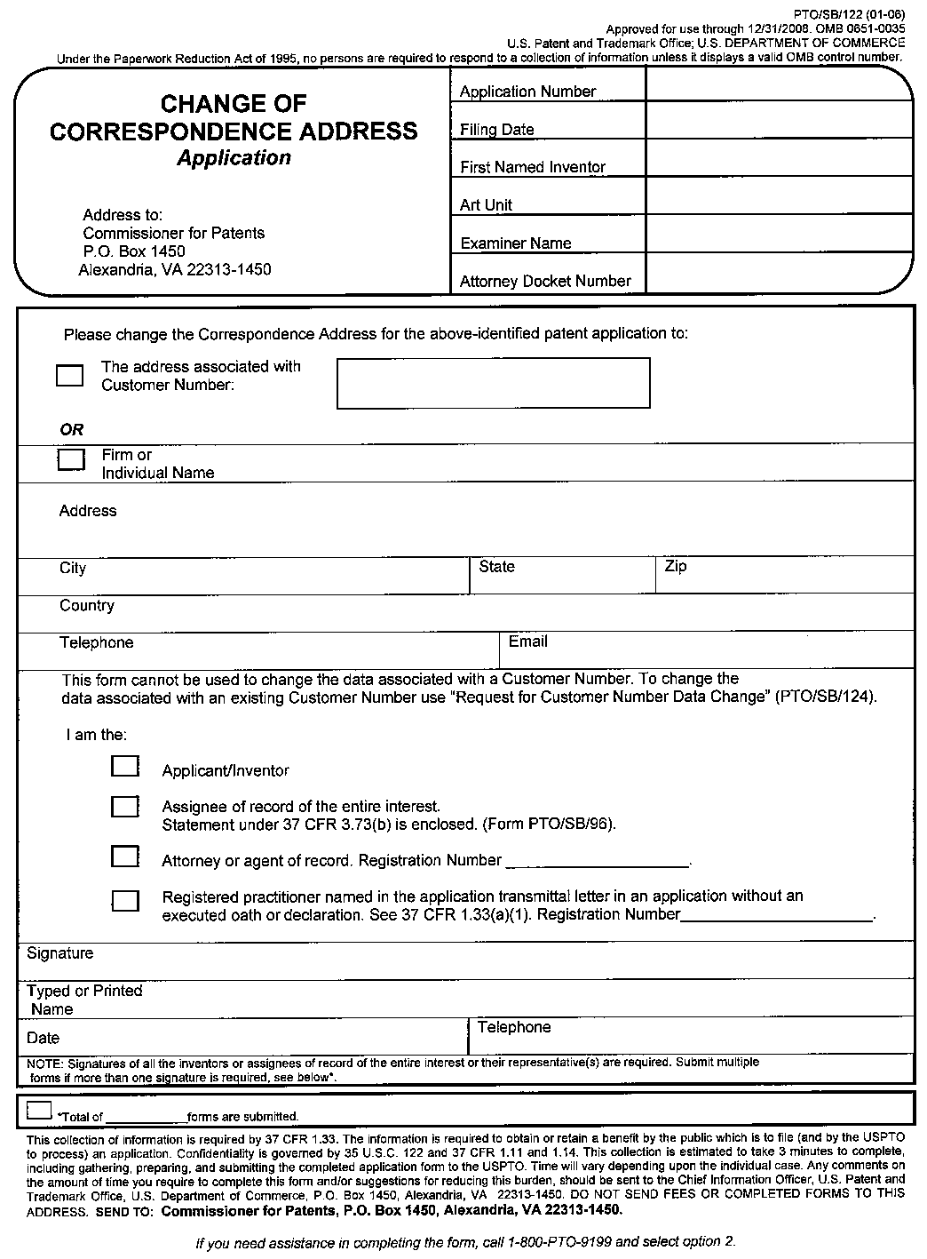 form pto/sb/122. change of correspondence address application