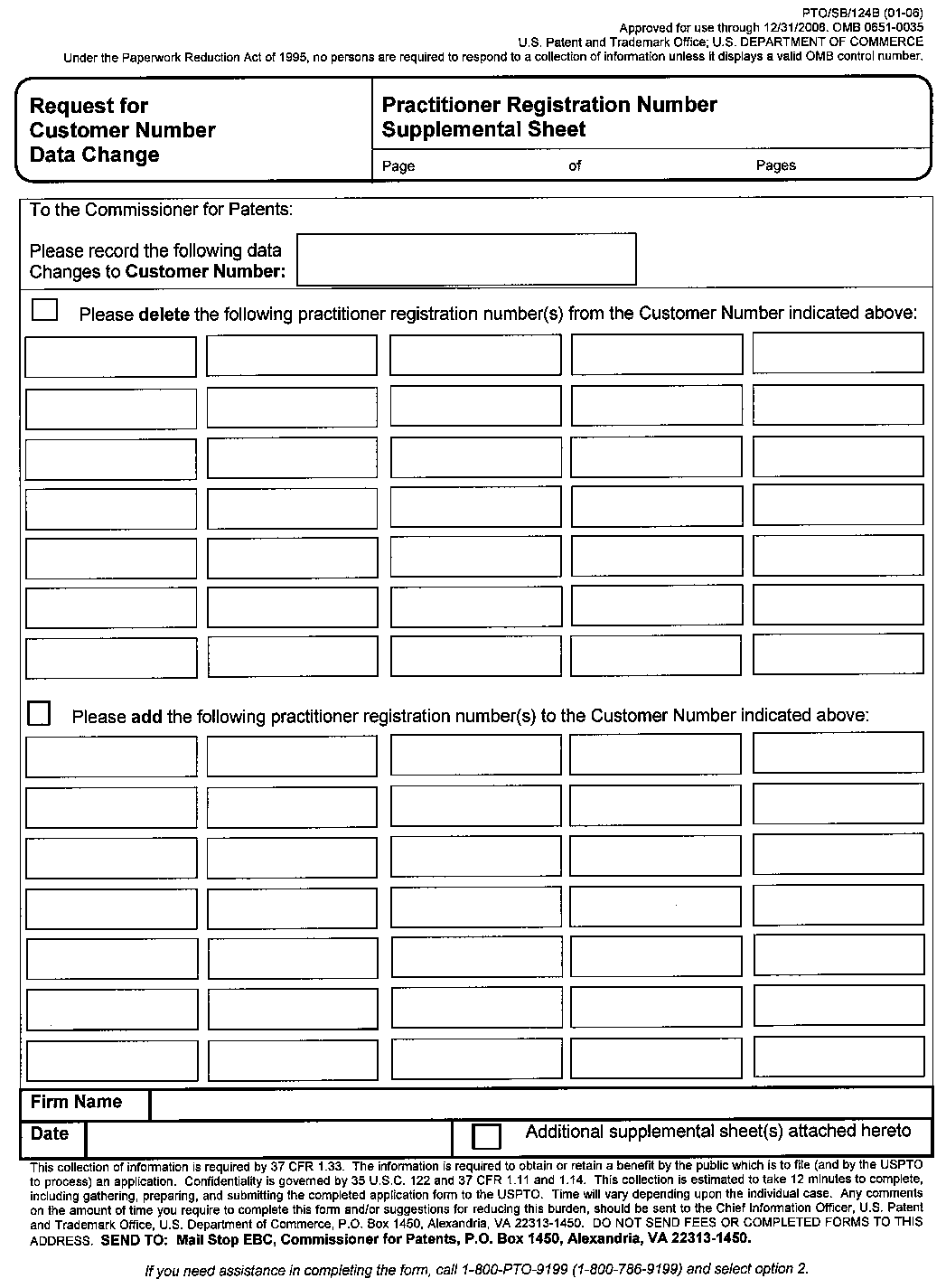 form pto/sb/124b. request  for customer number data change practitioner registration number supplemental sheet