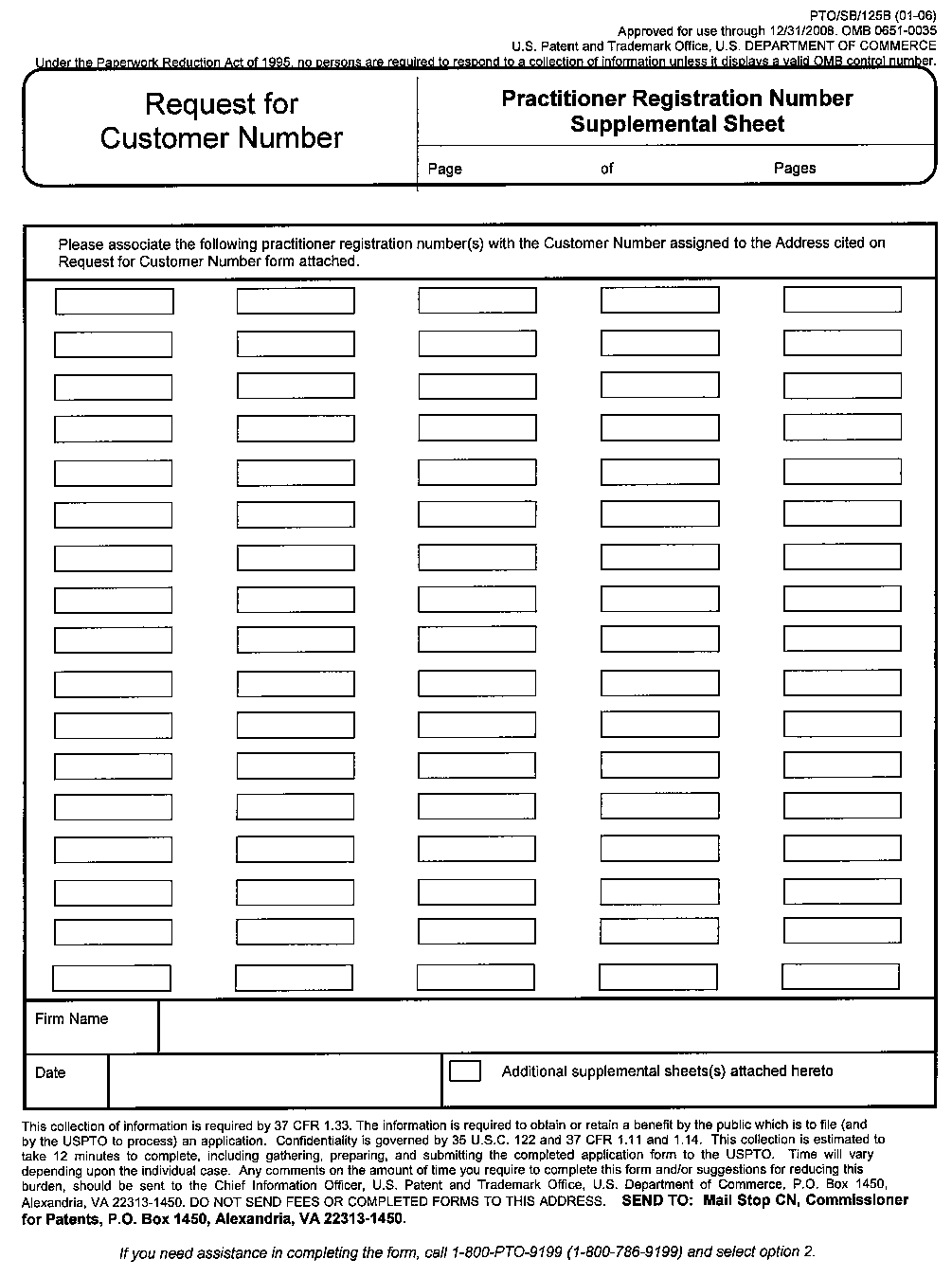 form pto/sb/25b request for customer number practitioner registration number supplemental sheet