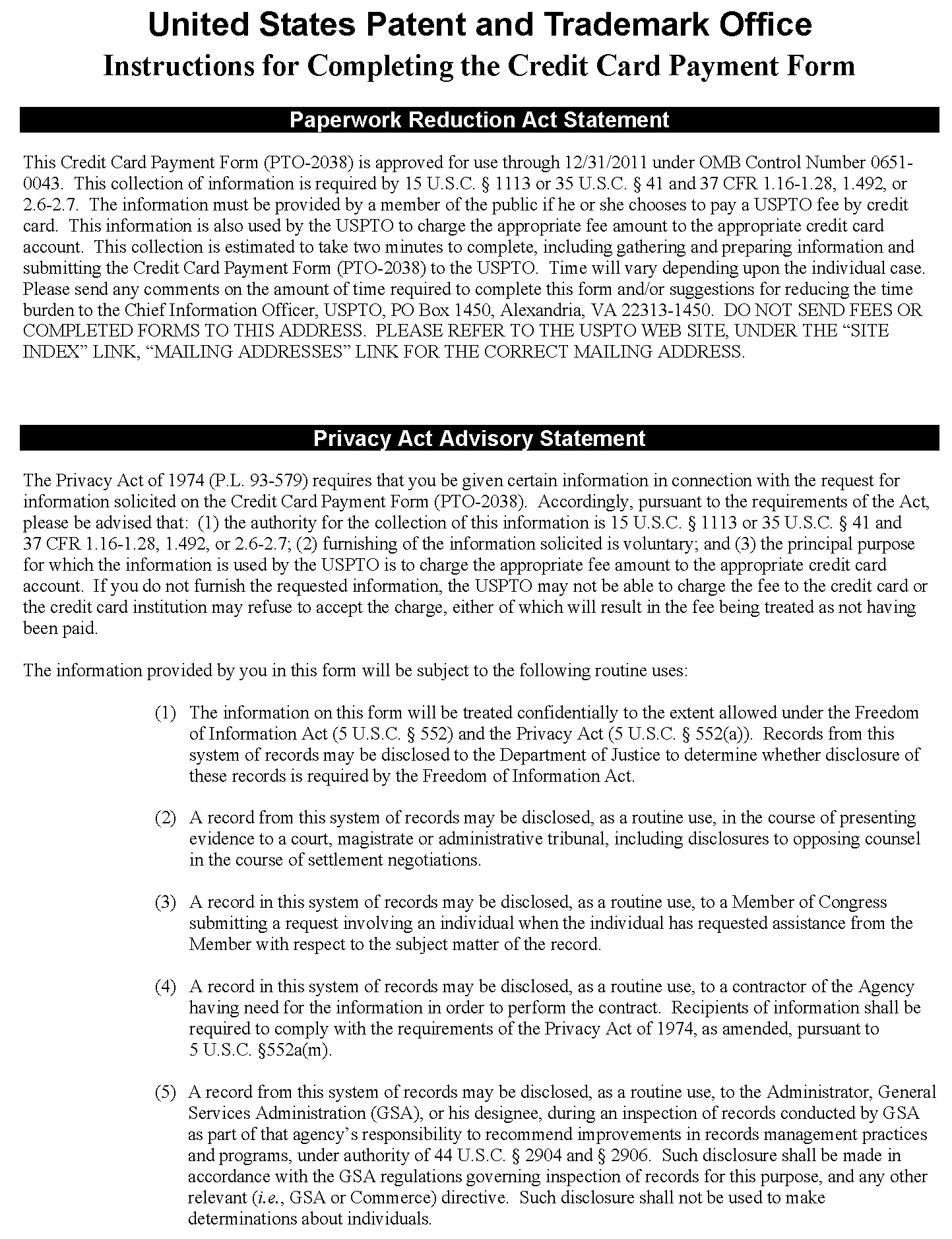 <b>Form PTO-2038. Credit Card Payment Form</b>