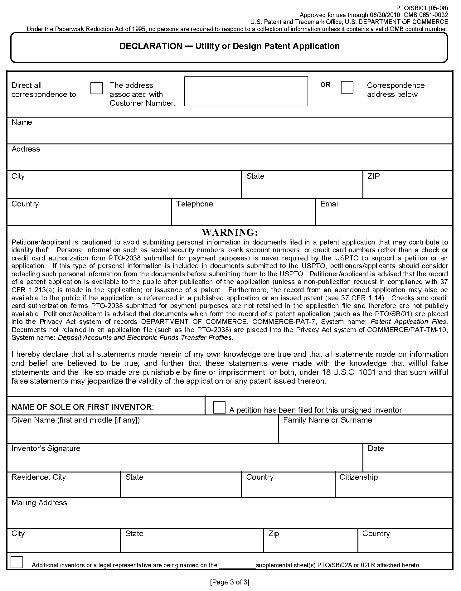 form pto/sb/61 privacy act statement