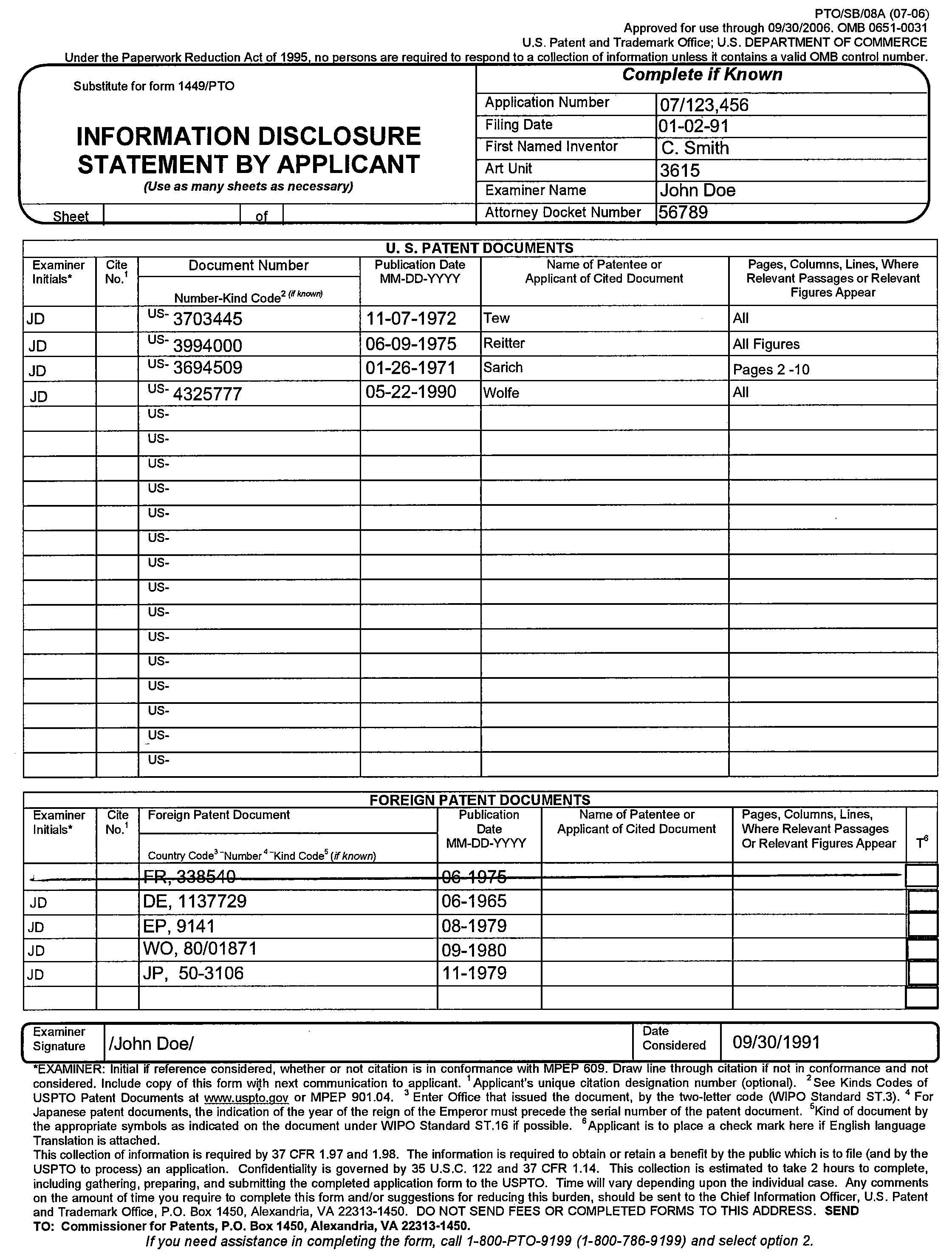 form pto/sb/08a information disclosure by applicant