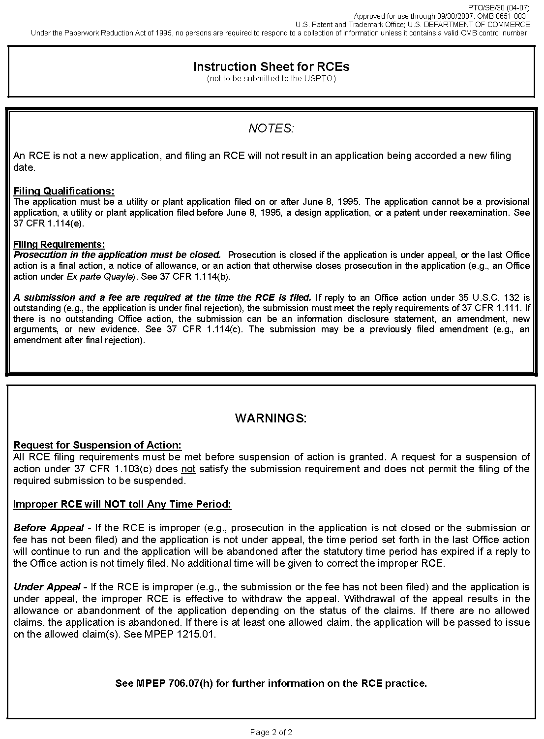 form pto/sb/30 instruction sheet for rces