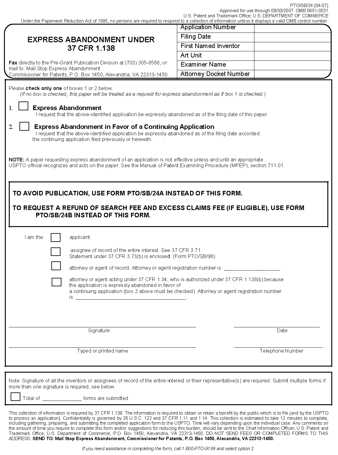 form pto/sb/24. express abandonment under 37 cfr 1.138