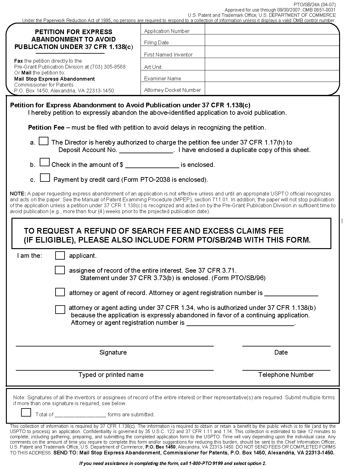 form pto/sb/24a petition for express abandonment to avoid publication under 37 cfr 1.138(c)