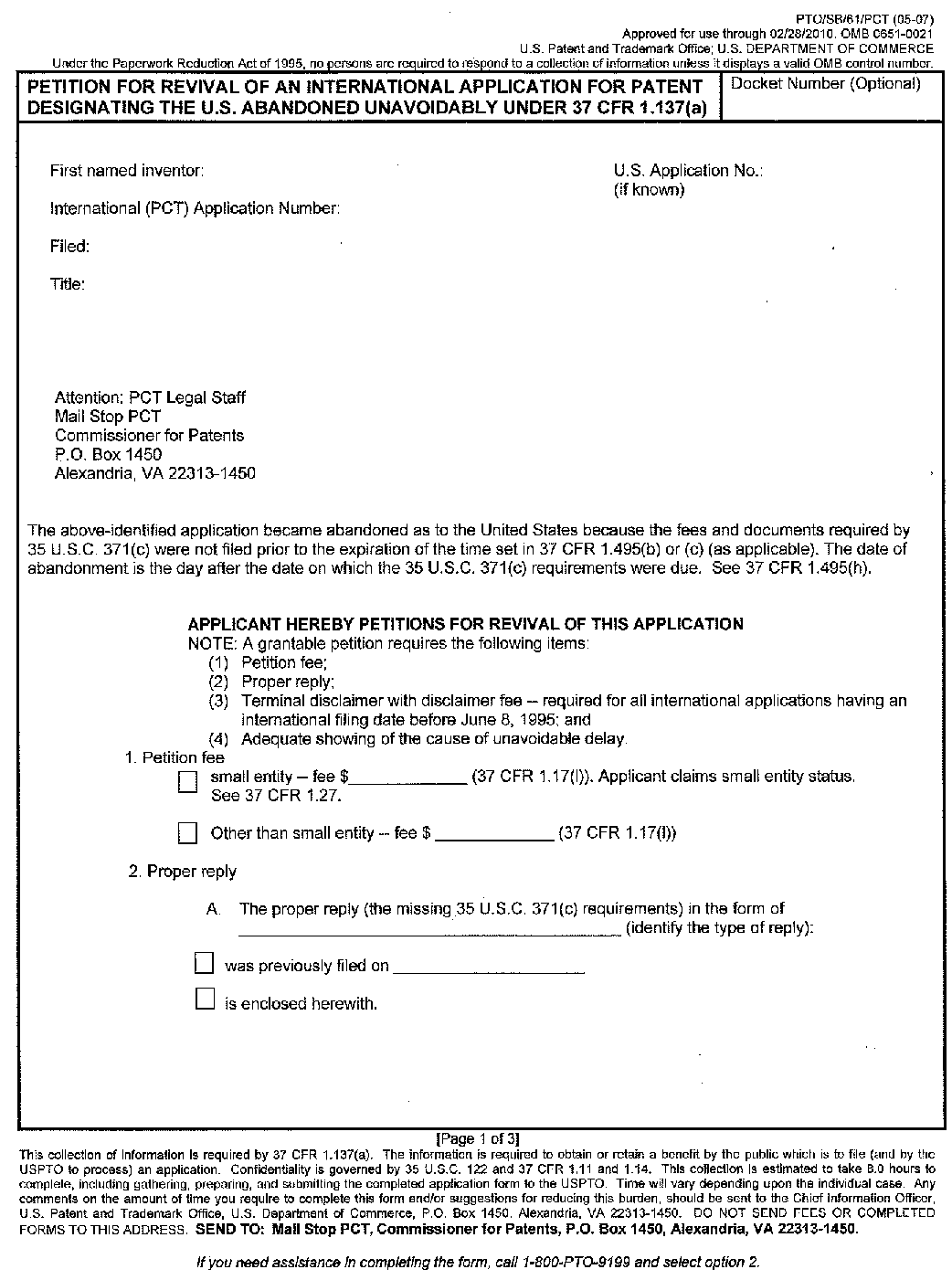 page 1 form pto/sb/61/pct petition for revival of an international application  for patent  designationg the u.s.  abandoned unavoidably under 37 cfr 1.l137(a).