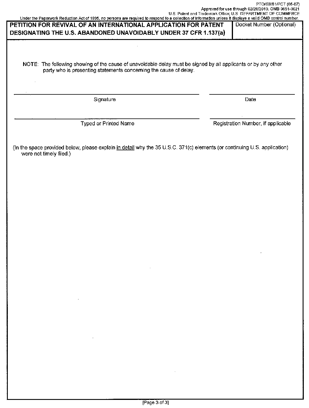 page 3 form pto/sb/61/pct petition for revival of an international application  for patent  designationg the u.s.  abandoned unavoidably under 37 cfr 1.l137(a).