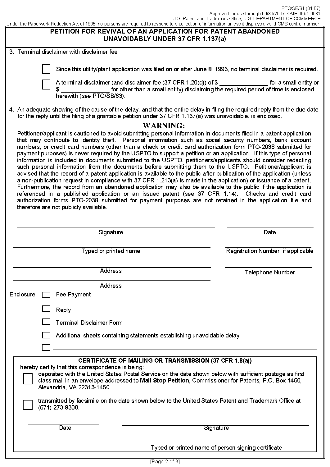 form pto/sb/61. petition for revival of an application for patent abandoned unavoidably under 37 cfr 1.137(a) [page 2 of 3]